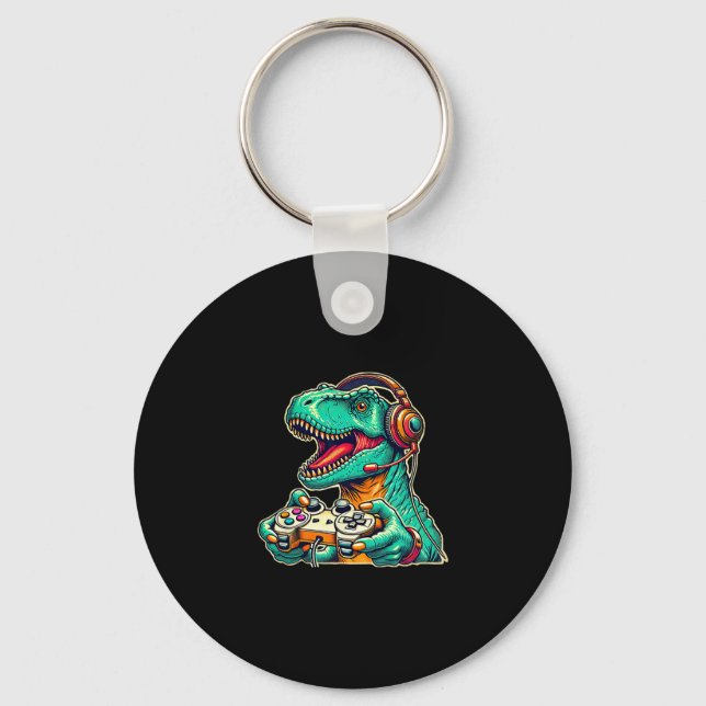 Chaveiro T-rex Jogando Com Headset Dinossauro Engraçado Grá (Frente)