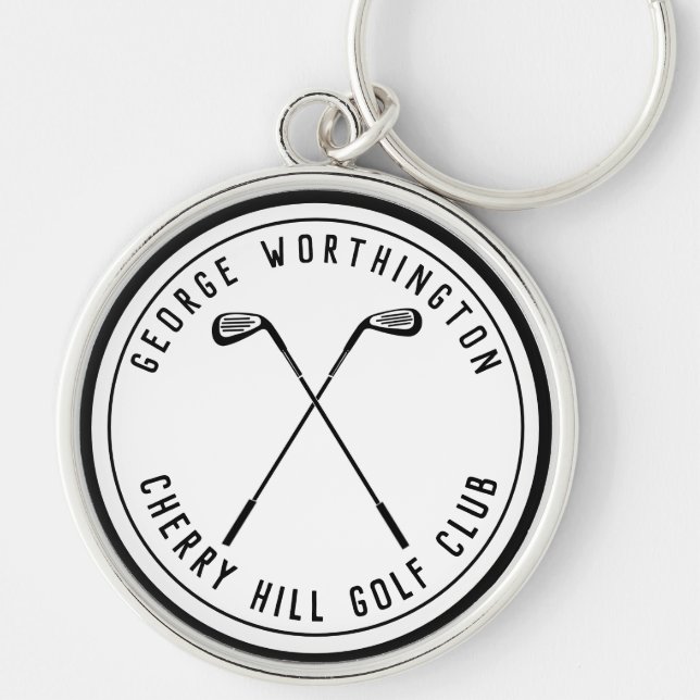 Chaveiro Taco de golfe personalizado clássico branco preto (Frente)