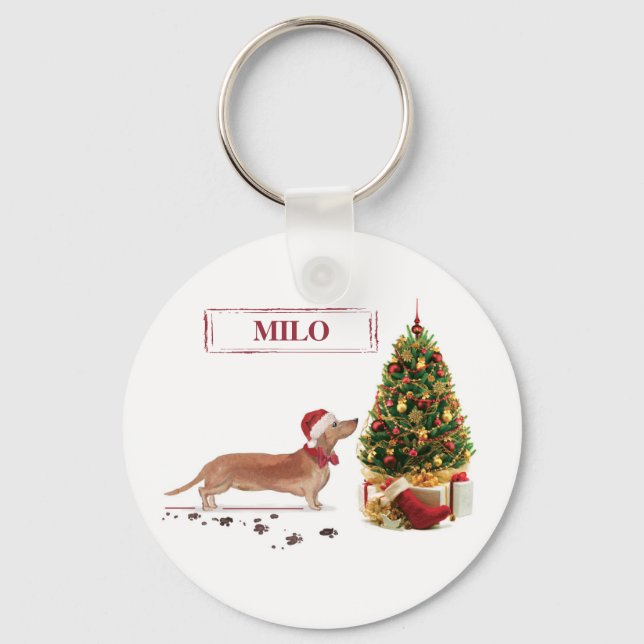 Chaveiro Tan Dachshund Engraçado Cachorro de Natal com Árvo (Frente)
