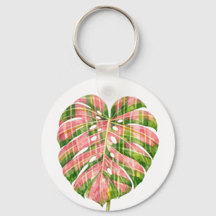 Chaveiro Tartan Rosa Escocês Monstera Aquarela Botânica