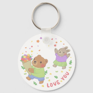 Chaveiro Te Amo: Urso de Teddy & Coelhinho com Flores