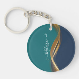 Chaveiro Teal Azul Onda Dourada Elegante