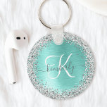 Chaveiro Teal Brugado Metal Silver Glitter Nome Monograma<br><div class="desc">Personalize facilmente este chaveiro de chic moderno com brilho cintilante bonito prateado em um fundo metálico escovado teal.</div>