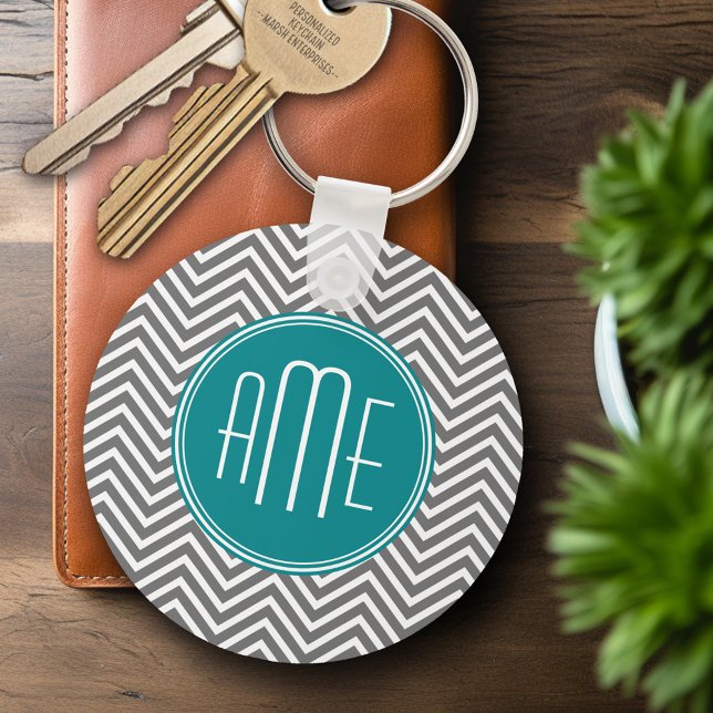 Chaveiro Teal Charmala Chevrons Monograma Personalizado (Personalized Keychain - Add Name or Monogram)