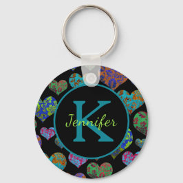 Chaveiro Teal Corações florais coloridos Nome inicial monog