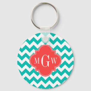 Chaveiro Teal White Chevron Coral Quatrefoil 3 Monograma