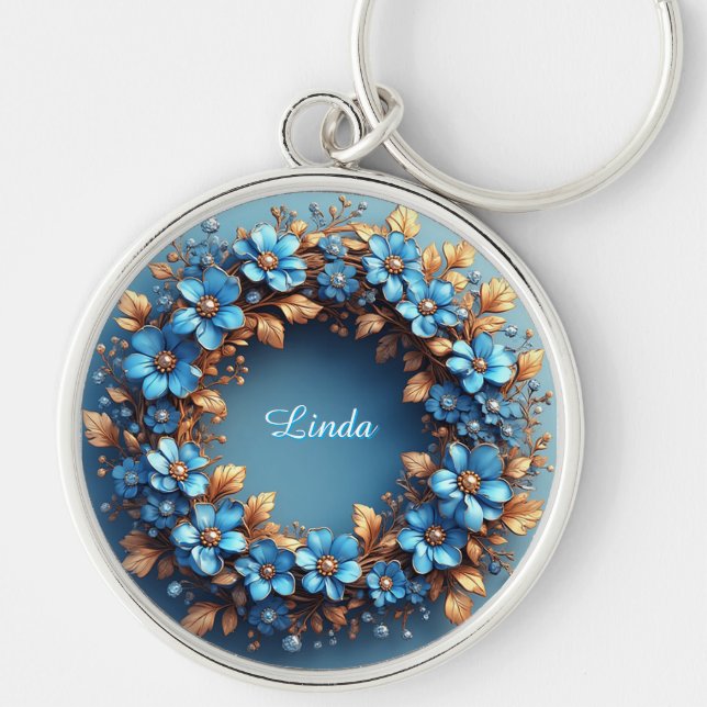 Chaveiro Terra Floral Elegante de Elementos Azuis e Ouros (Frente)