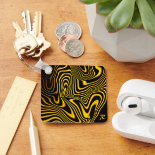 Chaveiro Textura de Redemoinhos Preto Amarelo Dourado Perso