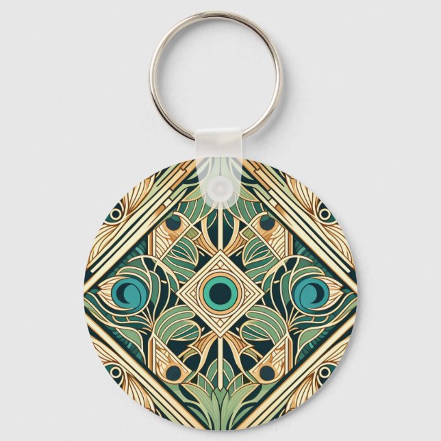 Chaveiro Textura Dourada e verde de penas abstrato de pavão (Frente)