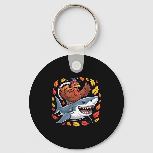Chaveiro Thanksgiving Turkey Riding Shark Funny Autumn Boys (Frente)