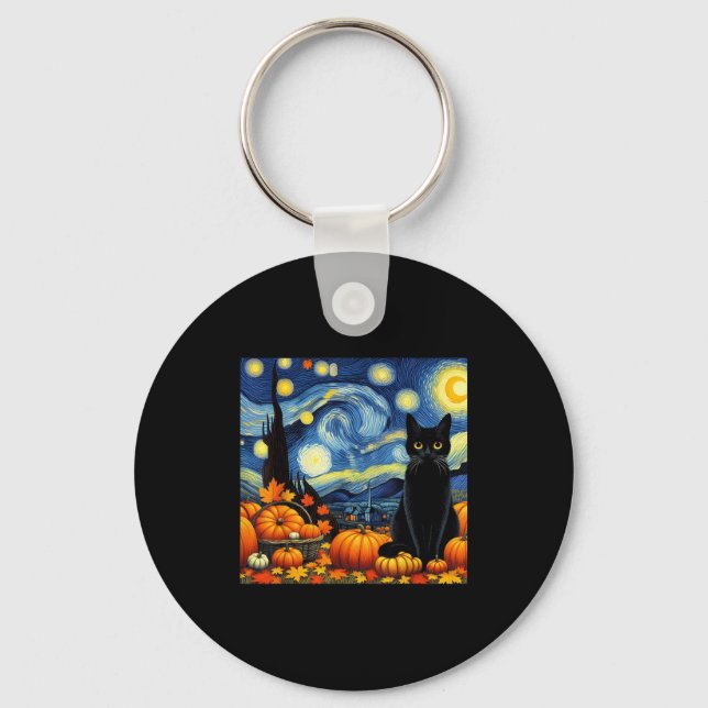 Chaveiro Thanksgiving Van Gogh Starry Night Black Cat Pumpk (Frente)