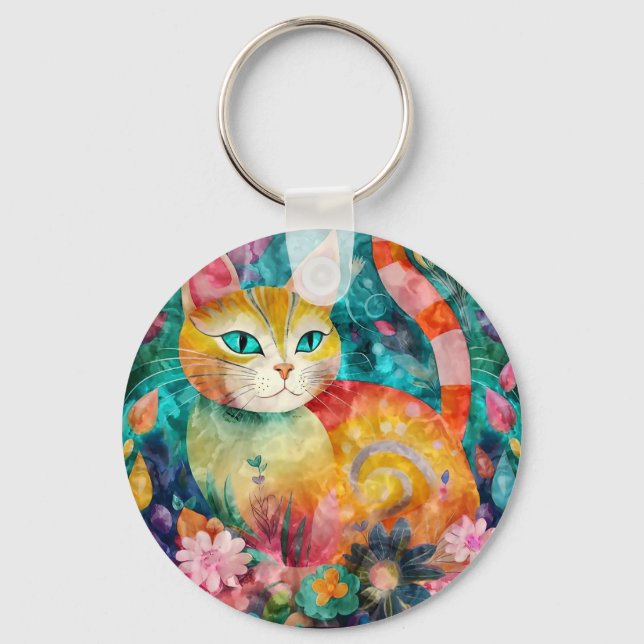 Chaveiro The Cat with Striking Green Eyes in Flower Garden (Frente)
