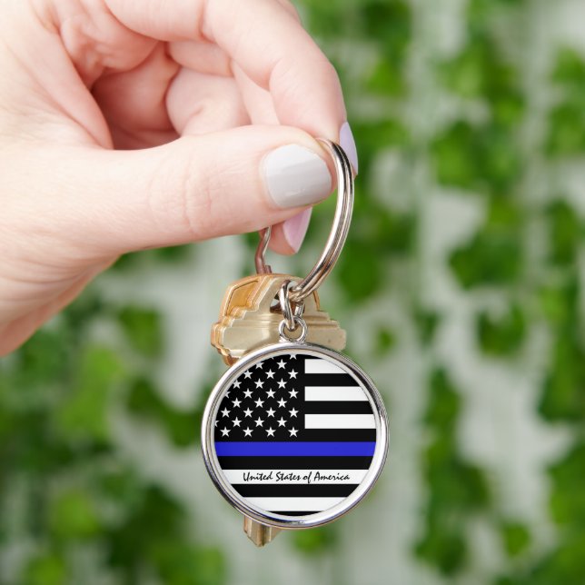 Chaveiro Thin Blue Line e polícia de bandeira americana / e (Mão)
