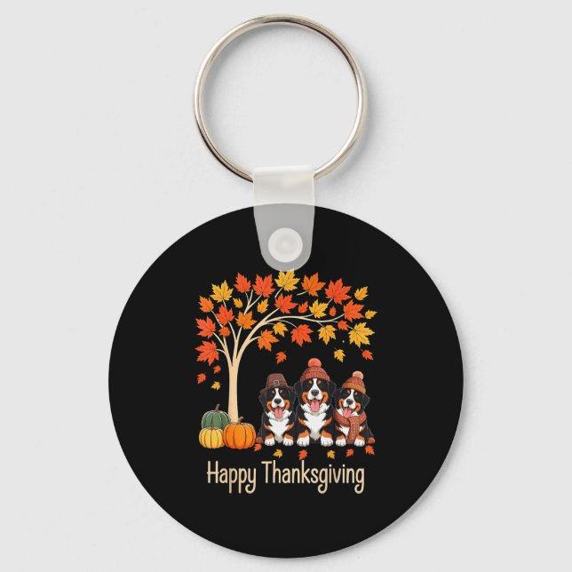Chaveiro Three Bernese Mountain Dogs Fall Tree Happy Thanks (Frente)