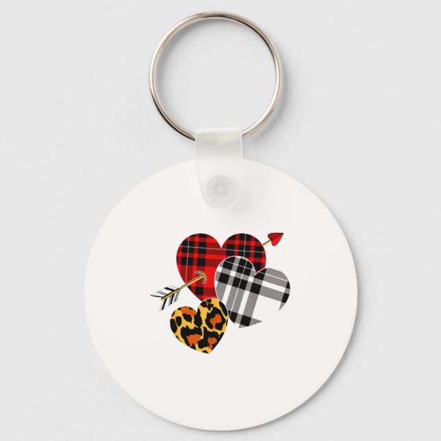 Chaveiro Three Hearts Leopard Buffalo Plaid Valentines Day  (Frente)