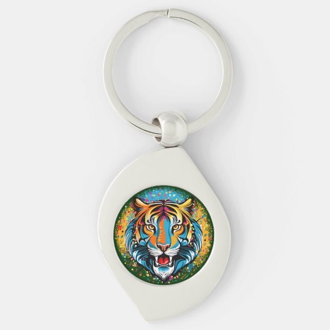 Chaveiro Tiger Head Rainbow colors paint stains (Frente)