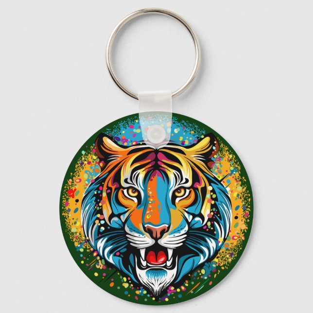 Chaveiro Tiger Head Rainbow colors paint stains (Frente)