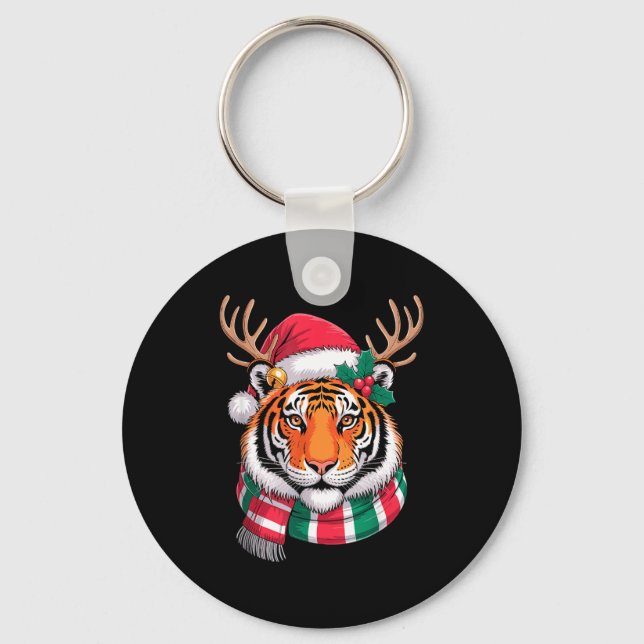 Chaveiro Tiger Reindeer Christmas Santa Hat Tiger Xmas  (Frente)