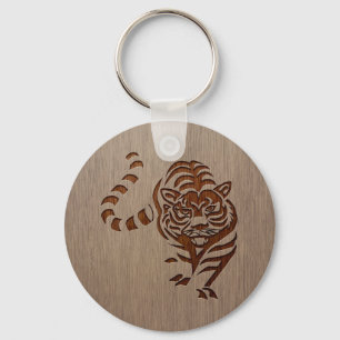 Chaveiro Tiger silhouette engraved on wood design