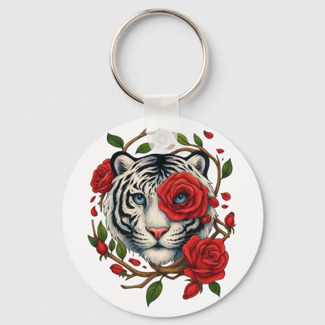 Chaveiro Tigre branco com Rosas vermelhas - Floral de vida  (Frente)