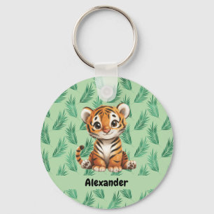 Chaveiro Tigre de desenho animado em folhas tropicais