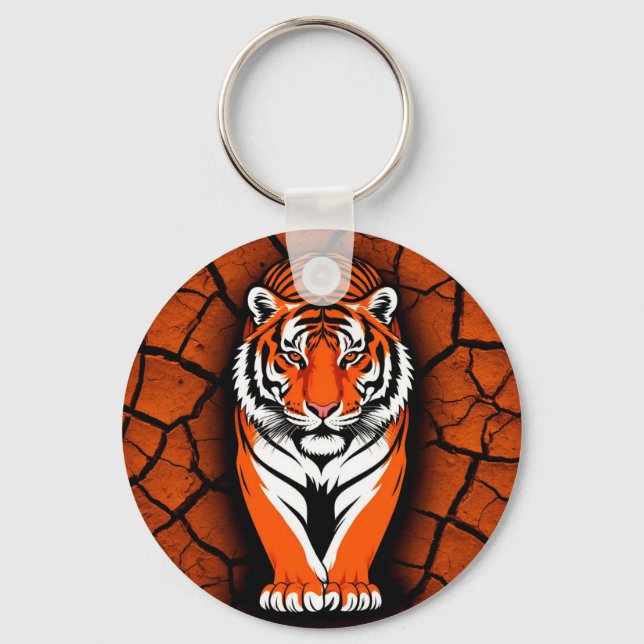 Chaveiro Tigre Ousado em Fundo de Terra Rachada (Frente)