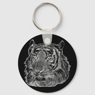 Chaveiro tigre prateado cromo face natureza animal arte sel