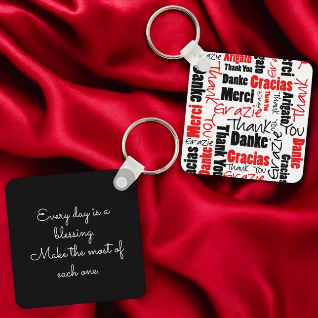 Chaveiro Tipografia do Red Black Multilingual "Obrigado" (key ring front and back with template text on back)