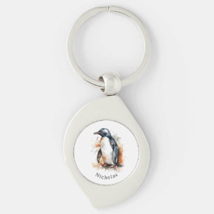Chaveiro Tons de Pôr do Sol Pinguim Aquarela, personalizado