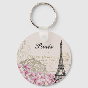 Chaveiro Torre Eiffel de Paris Flores Rosa-Rosa Vintage