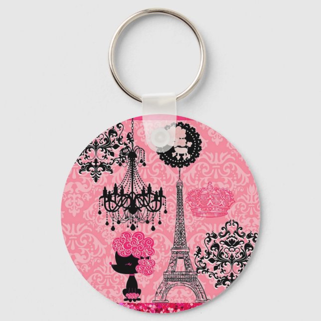 Chaveiro Torre Girly Eiffel Francesa, Torre Puppy & Damask  (Frente)