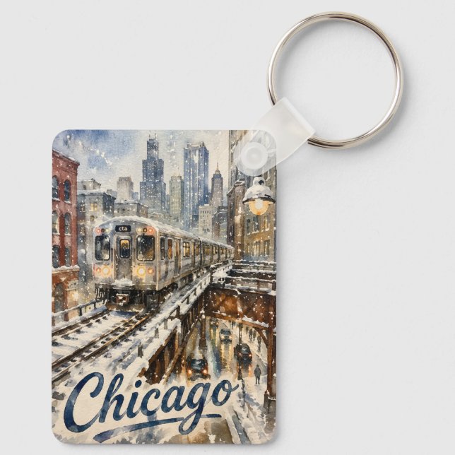 Chaveiro Trem El de Chicago na Neve de Inverno (Verso)