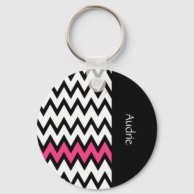 Chaveiro Trendy Black and White Chevron Pink with Name (Frente)