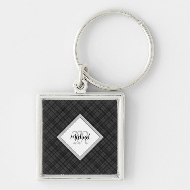Chaveiro Trendy Black White Tartan Personalize Monograma (Frente)