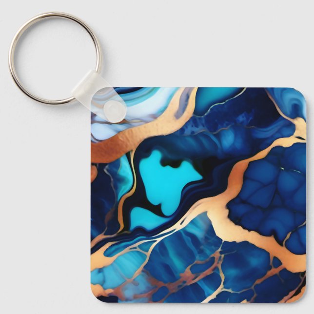Chaveiro Trendy Blue Dourado mármore azul amarelo (Frente)