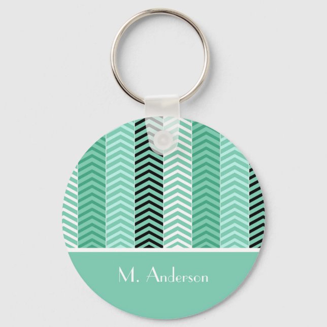 Chaveiro Trendy Mint Green Chevron Strips Com Nome (Frente)