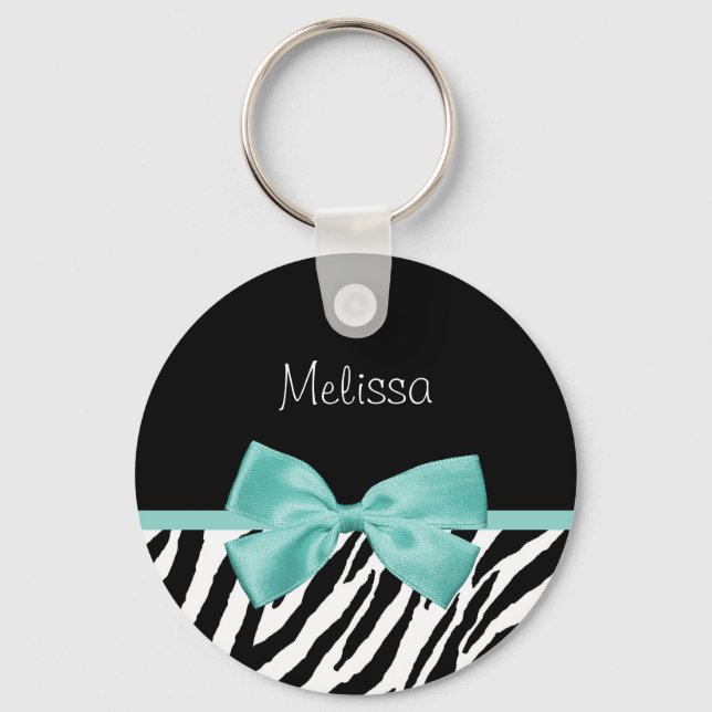Chaveiro Trendy Zebra Print Aqua Mint Ribbon Com Nome (Frente)