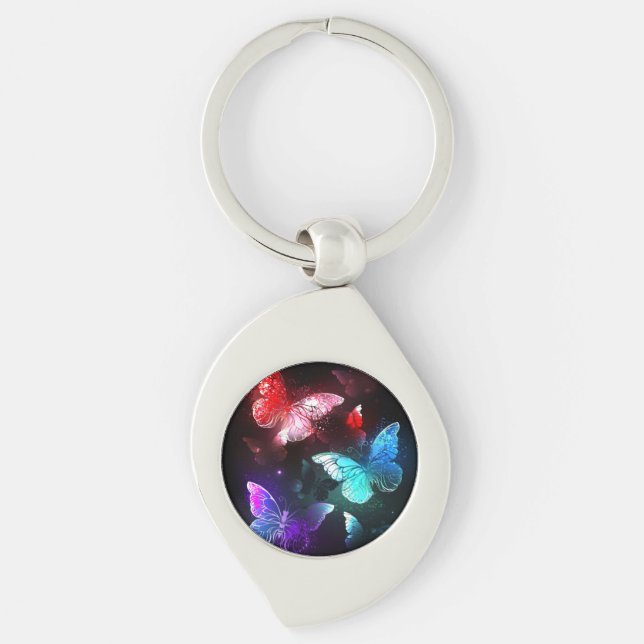 Chaveiro Três Borboletas brilhantes sobre o fundo noturno (Frente)