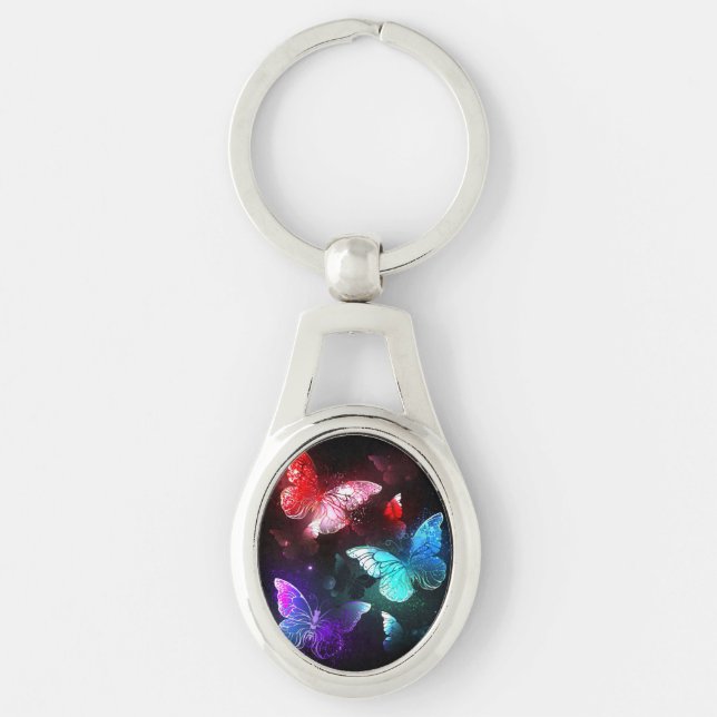 Chaveiro Três Borboletas brilhantes sobre o fundo noturno (Frente)