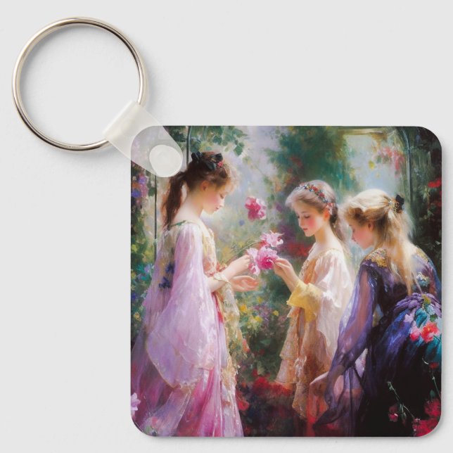 Chaveiro Três garotas brincando num jardim (Frente)