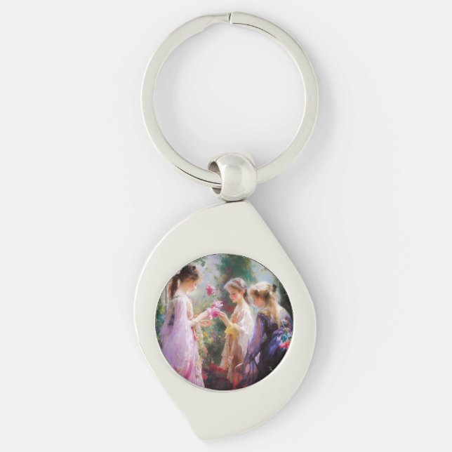 Chaveiro Três garotas brincando num jardim (Frente)