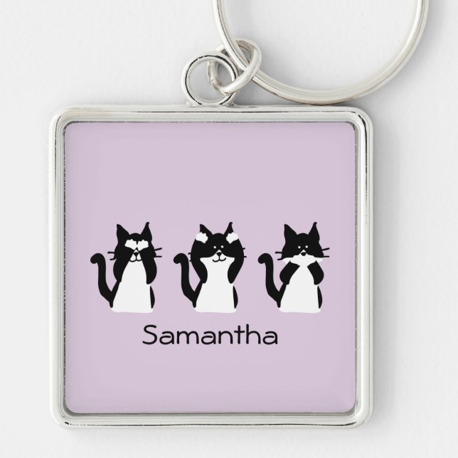 Chaveiro Três Gatinhos Sábios Preto Branco Roxo Personaliza (Frente)