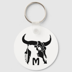 Chaveiro Tribal Longhorn Bull Skull with Black Feather