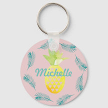 Tropical Palm Tree Pineapple Pink Name   Keychain