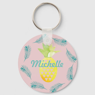 Chaveiro Tropical Palm Tree Pineapple Pink Name Keychain