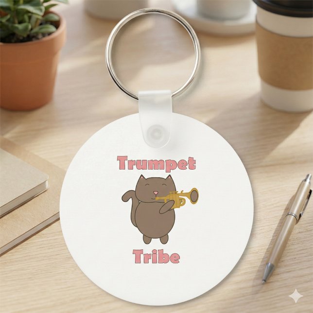 Chaveiro Trumpet Tribe Cat Pink (A keychain featuring a brown cat and the text trumpet tribe in pink.)