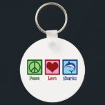 Chaveiro Tubarões de paz e amor<br><div class="desc">Este maravilhoso presente de tubarão azul é perfeito para uma equipe escolar com uma mascote de tubarão branco excelente. Legal Peace Love Sharks design.</div>