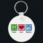 Chaveiro Tubarões de paz e amor<br><div class="desc">Este maravilhoso presente de tubarão azul é perfeito para uma equipe escolar com uma mascote de tubarão branco excelente. Legal Peace Love Sharks design.</div>