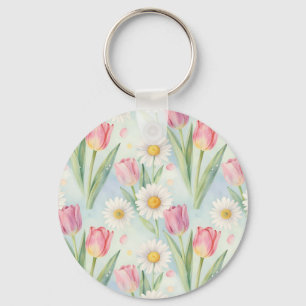 Chaveiro Tulipa Rosa Margarida Aquarela Padrão Primavera