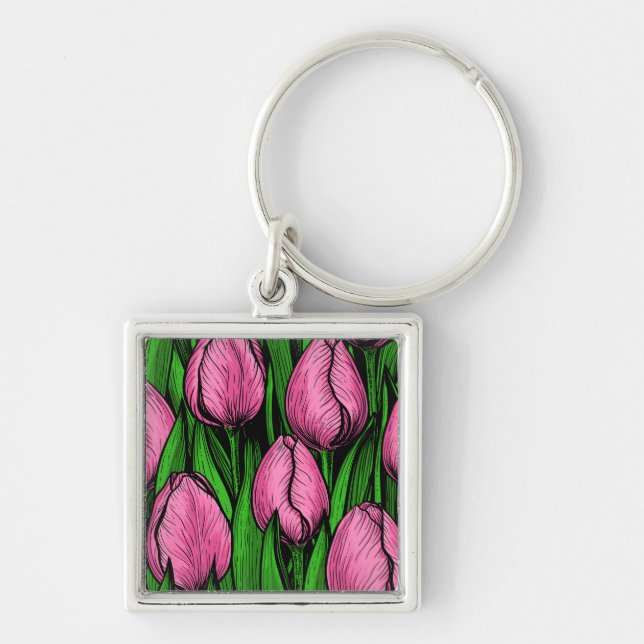 Chaveiro Tulipas cor-de-rosa com folhas verdes (Frente)